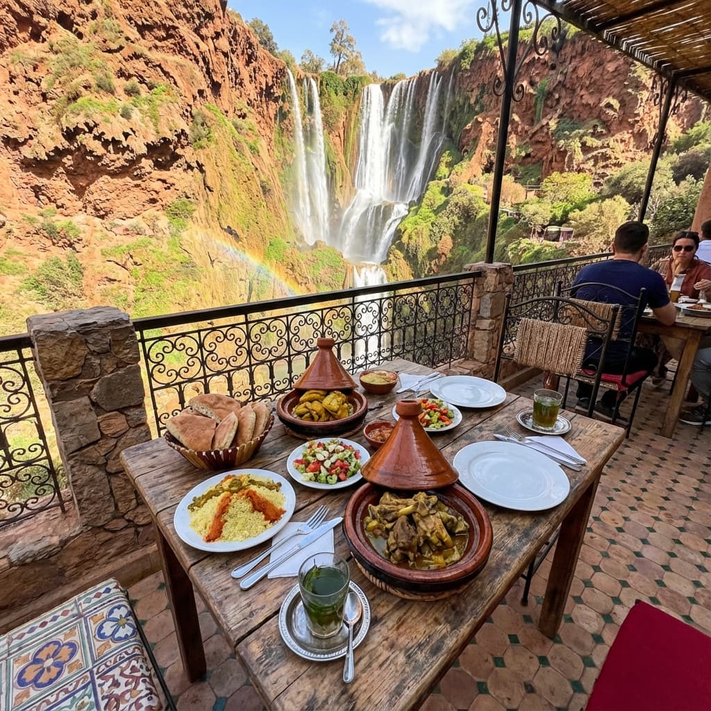 Lunch at a restaurant with a panoramic view of the falls. - Activity in Morocco